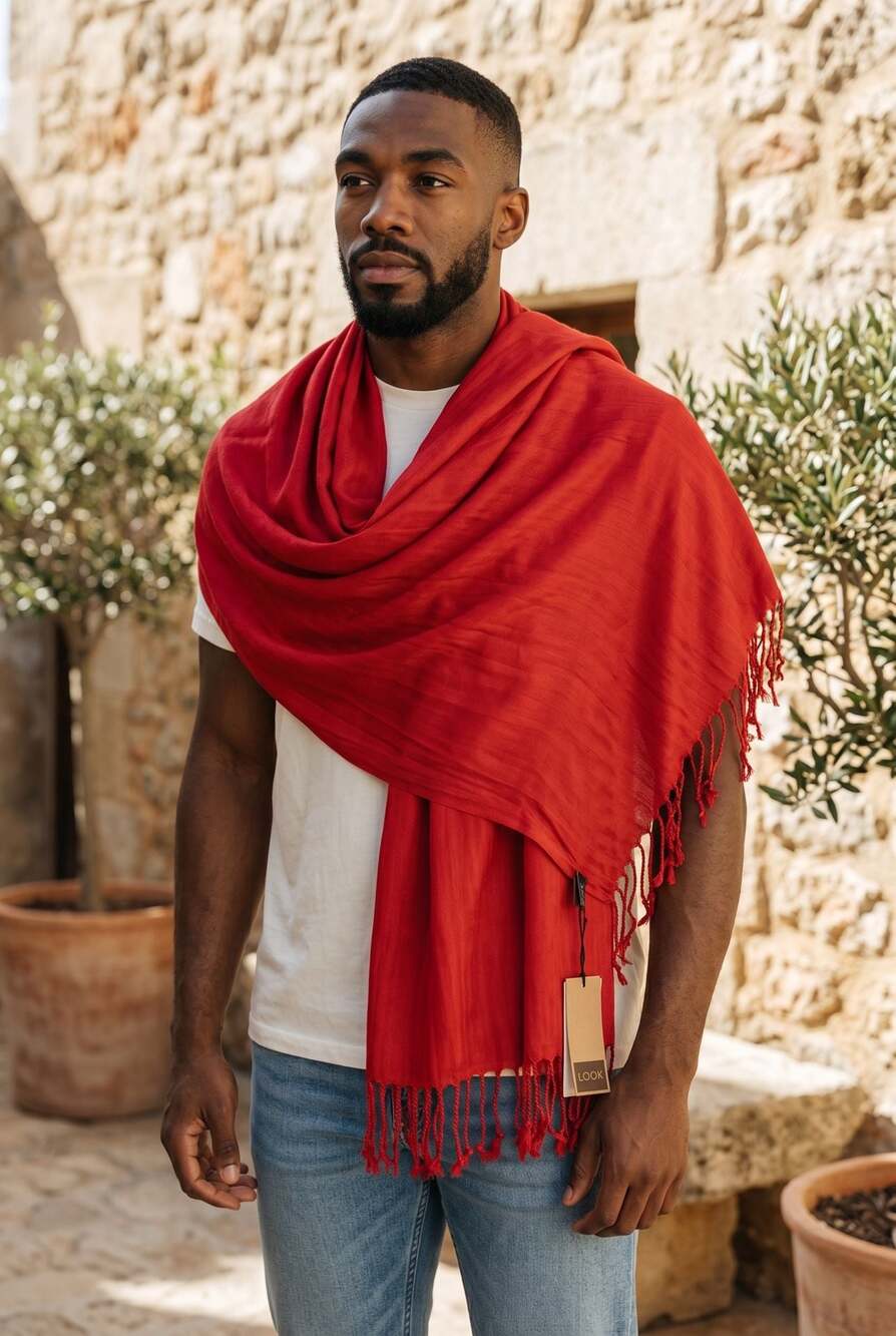 LOOK Collection Red Cotton Silk Blend Tassel Scarf